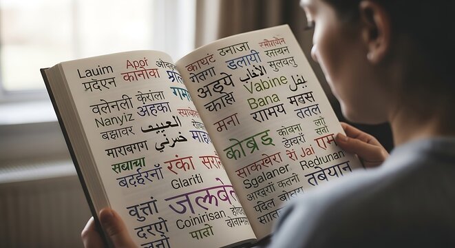 A person reading a book filled with many different foreign languages and scripts.