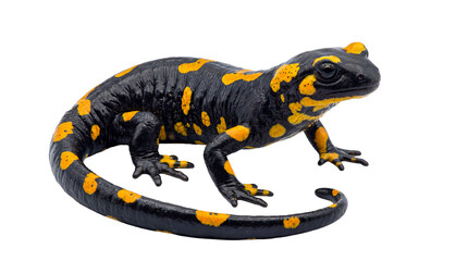 Fototapeta premium Dynamic fire salamander (Salamandra salamandra) posed with a coiled tail.