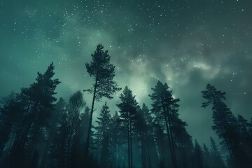 Obraz premium Starry Night Landscape Featuring Aurora Borealis Above Pine Forest in Atmospheric Wilderness Composition