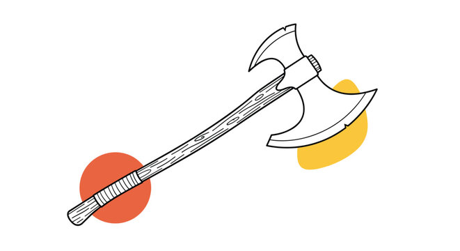 Detailed black and white line drawing of a double headed battle axe with a wooden handle and decorative red and orange dots.
