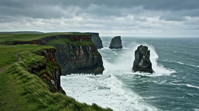 Rugged coast with ocean waves crash.