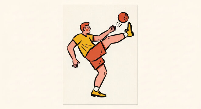 A football player performing a high kick to strike a soccer ball in the air. Clean flat illustration of a striker in action, representing the skill and athleticism of a World Cup athlete.