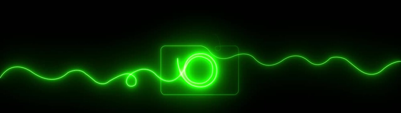 Neon camera icon with glowing green line animation and wave signal on black background photography technology concept minimal modern design 4K black background visuals