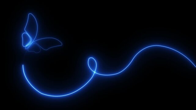 Neon butterfly line animation glowing blue abstract flying shape with wave trail on black background minimal nature concept modern design 4k visuals