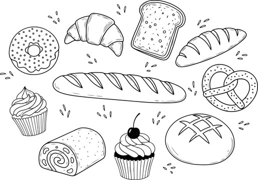 A collection of hand drawn bakery items including bread, croissant, donut, and sweet cupcakes.