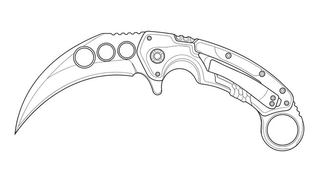 Curved karambit folding knife with a ring handle and holes in the blade for tactical or tool related designs.