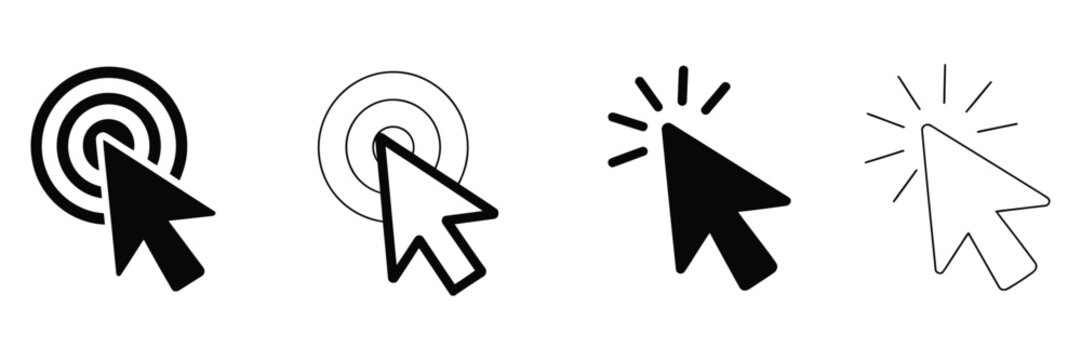 Set of cursor icons pointer and target solid and outline variations for clicks, collection of mouse pointers and click indicators, clean vector design