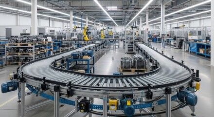 Fototapeta premium Automated Manufacturing Assembly Line With Robotic Arms And Conveyor Belt In A Modern Factory Setting