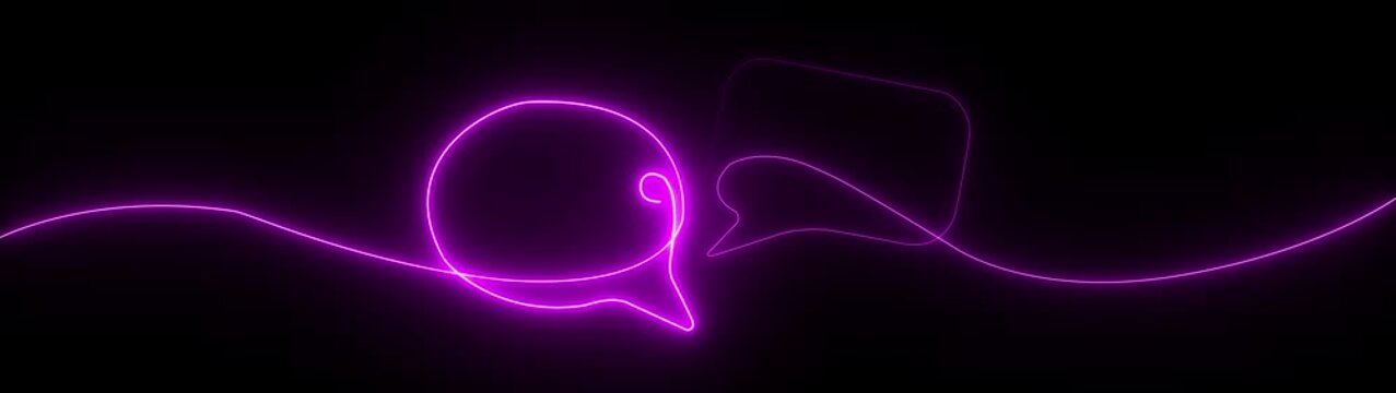Neon chat bubbles icon with glowing blue line animation and flowing wave on black background communication messaging concept minimal modern design 4k visuals