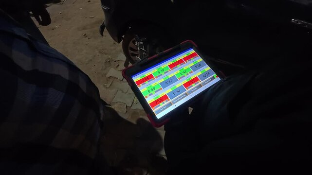 Mechanic performing car wheel alignment using tablet stock video footage.