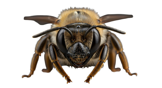 Close-up view of a bee's face showing its hairy body and large eyes