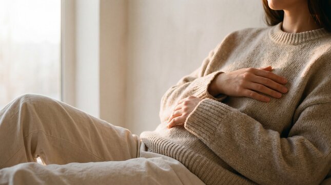 A person wearing a cozy beige sweater sits relaxed indoors near a window, with hands resting gently on their abdomen.