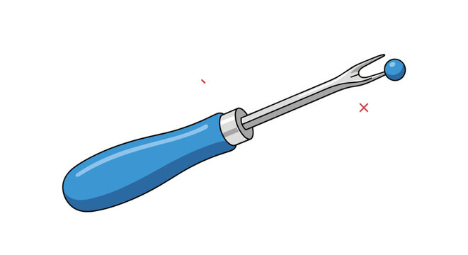 Professional seam ripper tool with a blue handle and a sharp metal tip used for cutting threads and removing sewing stitches efficiently.