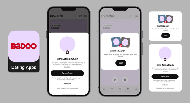 Badoo dating app mobile UI concept showing encounters, crush interaction and match notification interface.
