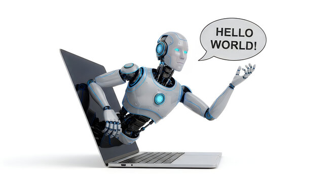 A futuristic cityscape viewed from above with a human robot waving in greeting