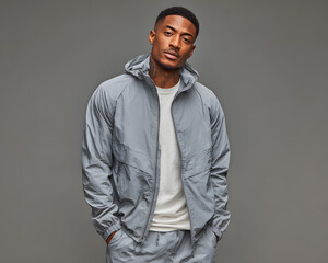 Obraz premium Fashionable young black man in urban streetwear tracksuit against grey background