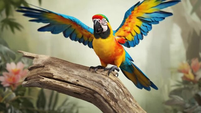 Vibrant blue and yellow macaw parrot spreading wings on natural wooden perch in lush green habitat