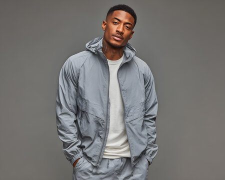 Fashionable young black man in urban streetwear tracksuit against grey background