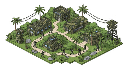 Fototapeta premium Isometric vector illustration showing a military compound with soldiers walking along a path between camouflaged buildings, guard towers, and palm trees against a white background