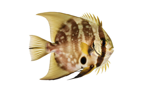 Brown and white tropical fish with distinctive fins and spots swimming alone