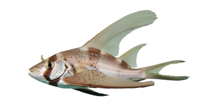 Brown and white tropical fish with distinctive fins and spots swimming alone
