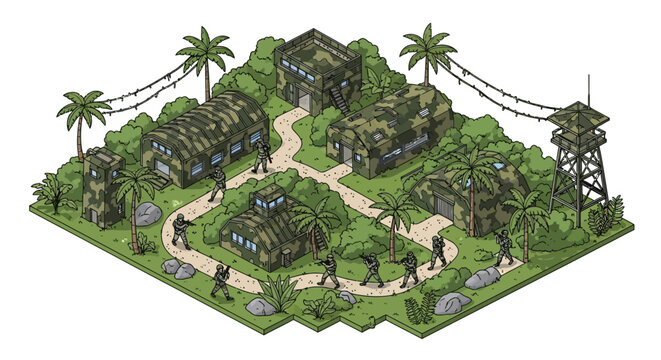 Isometric vector illustration showing a military compound with soldiers walking along a path between camouflaged buildings, guard towers, and palm trees against a white background
