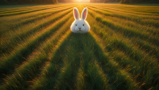 Wide shot of sunny grassy field at golden hour, cloud shadow forming rabbit shape, surreal spring concept
