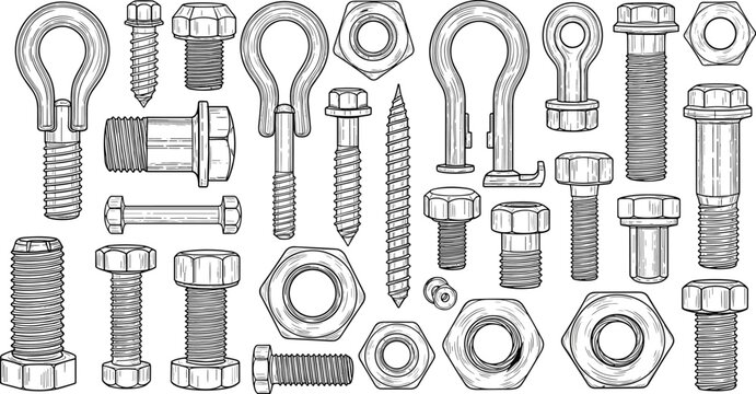 Industrial hardware sketch set, bolts nuts screws washers hooks collection, mechanical fasteners, engineering tools, construction equipment line art vector illustration