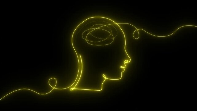 Neon human head profile with glowing yellow brain line animation on black background intelligence thinking concept abstract psychology design 4K black background visuals