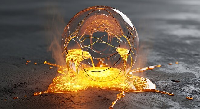 A transparent sphere cracking and melting, revealing a glowing golden liquid on a dark surface.