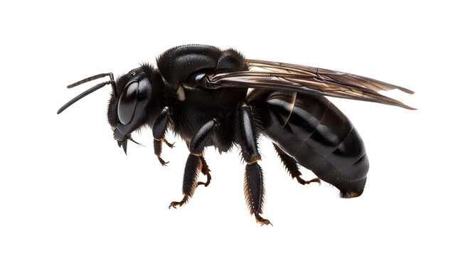 Large black bee with brown wings standing on white background