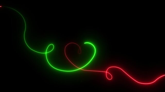 Neon heart shape with glowing green and red line animation and flowing curve on black background romantic love symbol minimal modern abstract design 4k animation video