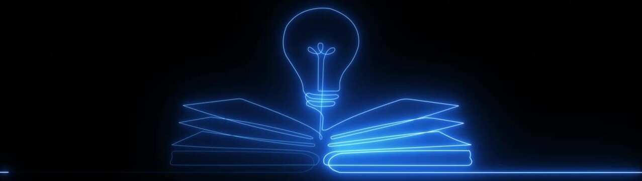 Neon light bulb above open book with glowing blue line animation on black background knowledge education idea concept minimal modern design 4k visuals
