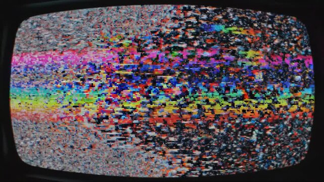 Glitch noise static with television screen effect concept. Colorful digital TV static glitch with rainbow noise pixels and distorted screen interference effect