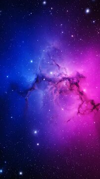 A vibrant deep space nebula glows with brilliant blue and purple light against a dark starry background