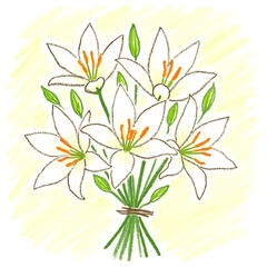 Fototapeta premium Bouquet of five white lilies with green buds and leaves, tied with brown string, on soft yellow background, delicate floral arrangement.