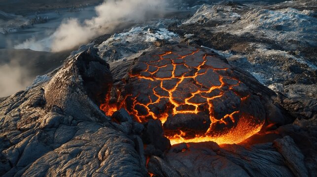 Glowing orange lava flows from detailed dark cracked volcanic rock in an active caldera with smoking fumaroles, ash deposits, and researchers in the background.