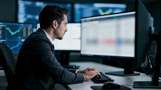 Medium shot of operator monitoring multiple screens in payment system control center with blurred background highlighting intense focus on realtime settlements.