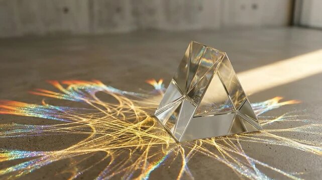 Cinematic macro close-up of transparent crystal prism refracting golden sunlight into colorful iridescent light patterns on concrete floor