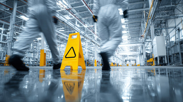 Wet floor sign safety warning clean industrial facility with worker protective suit hygiene control workplace caution