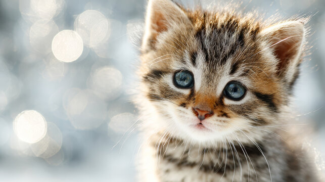 Kitten cat feline pet fur whisker winter outdoor cute kitten cat with bright eyes and soft fur in winter outdoor light bokeh background