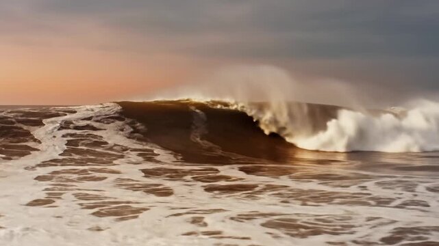 Powerful ocean wave at sunset.