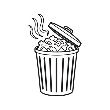 Hand Drawn Doodle of an Overflowing Trash Can with Smelly Garbage and Open Lid

