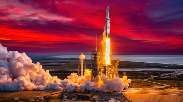 Space rocket lift-off at sunset, engulfed in bright orange flames and dense white smoke from a detailed launchpad in coastal marshland with infrastructure in sharp focus.