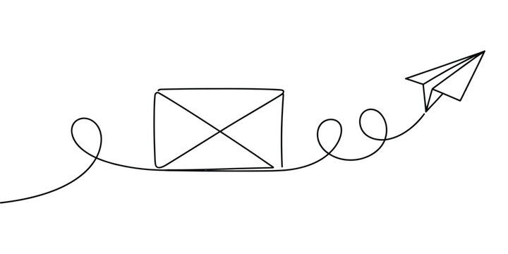 Continuous one line drawing of envelope with paper airplane, sending letter and email message concept, romantic correspondence illustration, vector line art, high quality professional design.