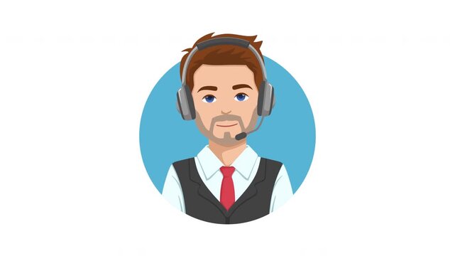 Flat cartoon animation showing a male support agent talking using a headset. For business, assistance, customer service.
