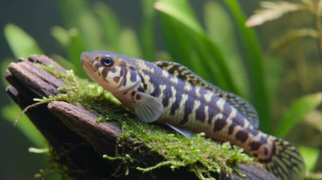 Small fish resting on mossy driftwood in a freshwater aquarium with green aquatic plants.