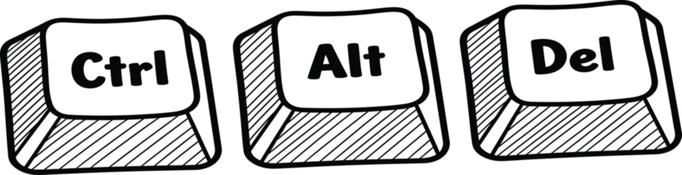 Hand Drawn Vector Illustration of Ctrl Alt Del Keyboard Keys Representing Computer Troubleshooting System Reset and Technical Support Concepts for Information Technology Design Projects