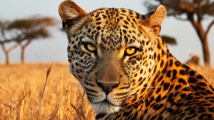 Obraz premium Extreme close-up of a fierce leopard's face with highly detailed spotted fur and piercing yellow eyes, set against a sharp African savanna background with tall golden grass and acacia trees.
