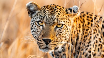 Naklejka premium Extreme close-up of a leopard's face and intense golden eyes, stalking through dry African savanna tall grass with sharp focus on the wild cat and detailed landscape.